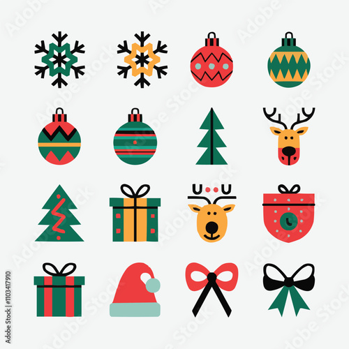 Set of christmas color decorations vector, set of christmas tree, christmas icons set, christmas snowflake icons