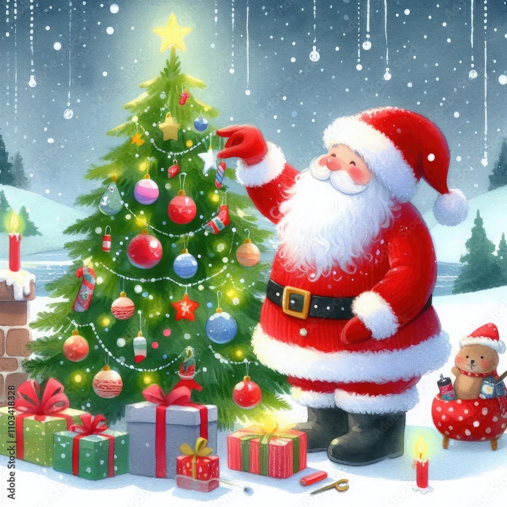 illustration of Santa decorates the Christmas tree in style of childlike watercolor illustration of Santa decorates the Christmas tree in style of childlike watercolor