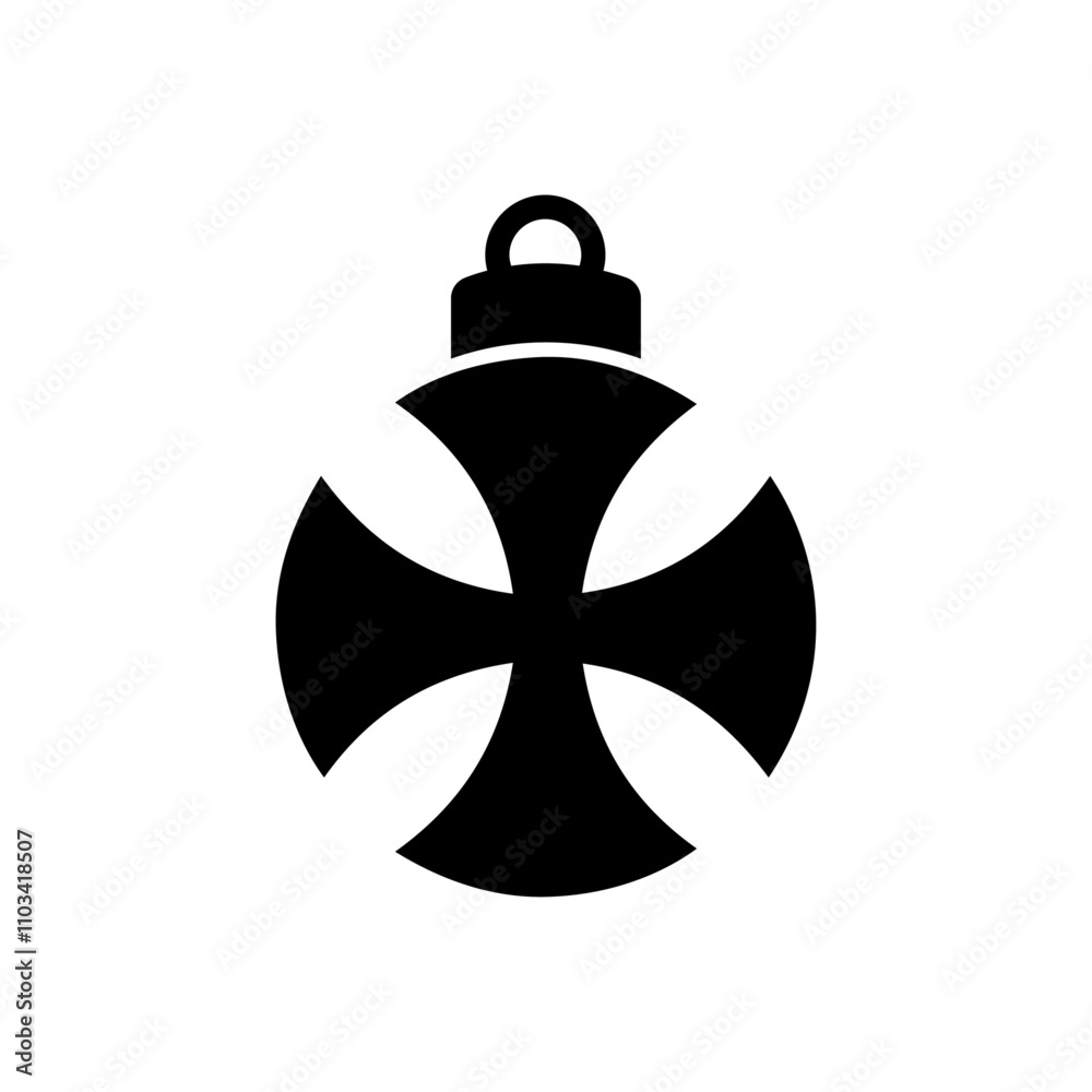 Decoración de Navidad. Logo con silueta de bola de navidad en espacio negativo con cruz maltesa para tarjetas y felicitaciones