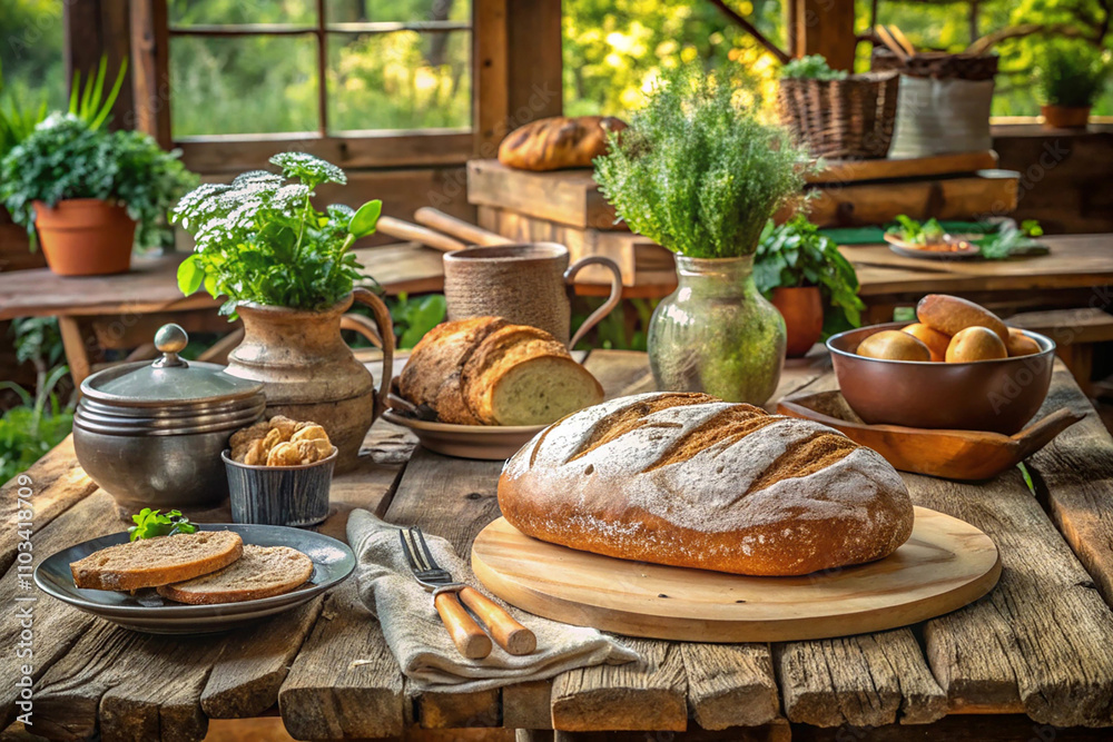 Naklejka premium Rustic table setup with homemade bread