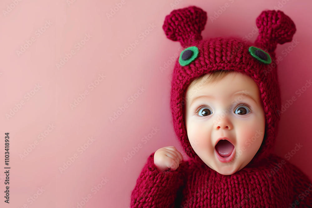 adorable baby portrait in vibrant knitwear with playful expression, set against a soft pastel background for charm. adorable baby portrait in vibrant knitwear with playful expression, set against a soft pastel background for charm.