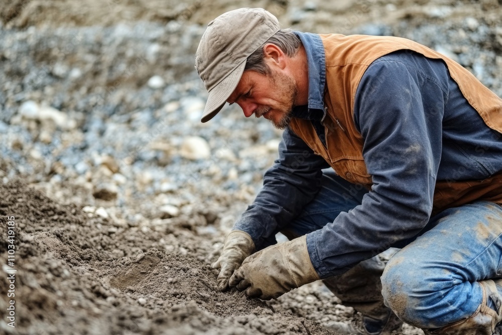 Geologist Checking the Ground on Construction Site. Man Investigating Soil for Industry Geologist Checking the Ground on Construction Site. Man Investigating Soil for Industry