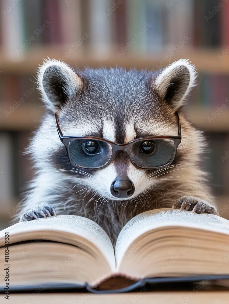 Adorable Raccoon Wearing Glasses Engrossed in Reading a Book with a Library Background Adorable Raccoon Wearing Glasses Engrossed in Reading a Book with a Library Background