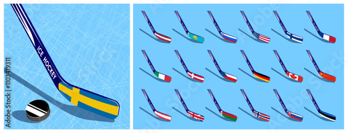 Set of sticks with flags of countries participating in hockey competitions and tournaments. Sports stick for ice hockey behind black rubber puck. Vector on blue frozen background