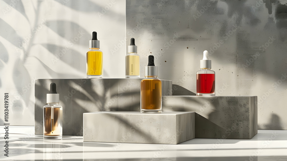 Front view of different face serum bottles with pipette on dual background on concrete podiums. Front view of different face serum bottles with pipette on dual background on concrete podiums.