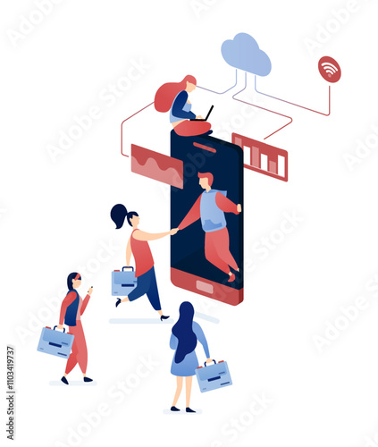 vector illustration of People connecting and referring each other to find their dream careers and jobs, leveraging mobile apps and the internet for career success and networking