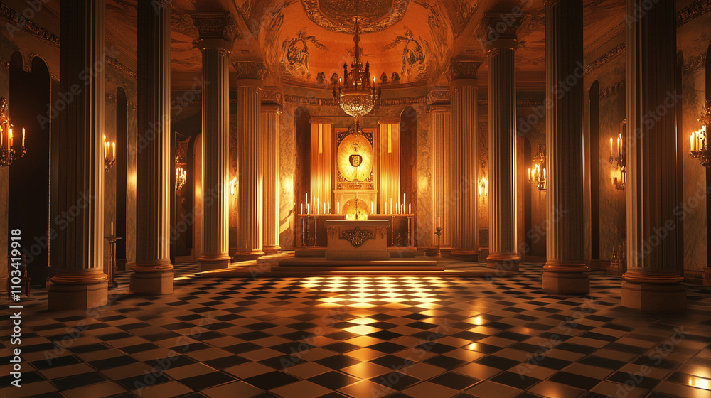 Obraz premium A Masonic lodge interior with ornate columns, checkerboard flooring, and a central altar illuminated by soft candlelight