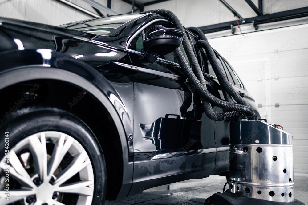 Fototapeta premium Drying vehicle interior with professional dryer machine after deep cleaning of car interior.