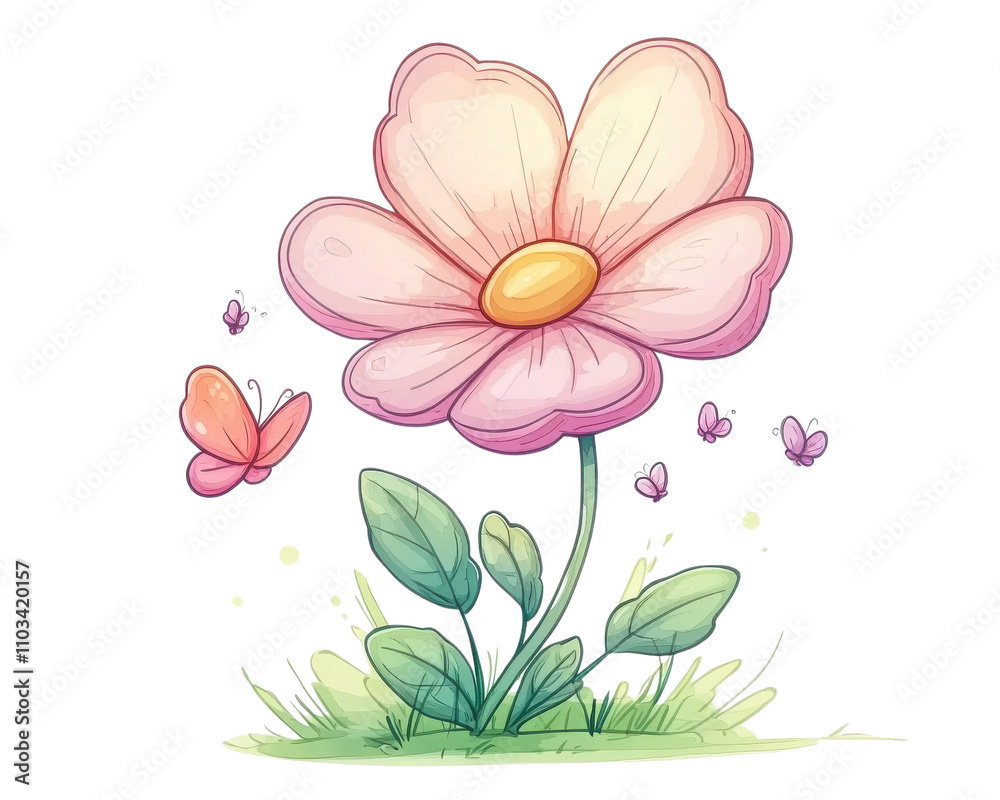 Obraz premium Colorful flower with butterfly on a white isolated background.