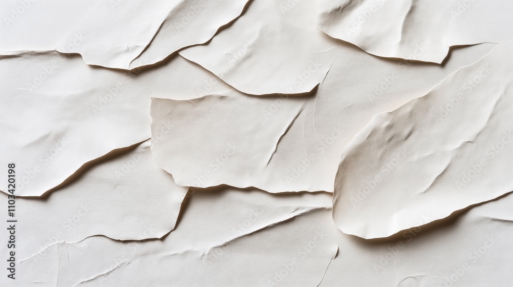 Abstract arrangement of torn white paper sheets overlapping in an artistic textured pattern creating a layered visual effect. Abstract arrangement of torn white paper sheets overlapping in an artistic textured pattern creating a layered visual effect.