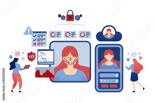 vector illustration of Women using facial recognition and biometric security technology to log into apps with a selfie on their smartphone, symbolizing advanced security features