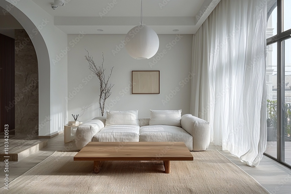 Fototapeta premium A modern living room with a combination of minimalist, white sofa and japandi interior design with pendant lighting. Generative AI 