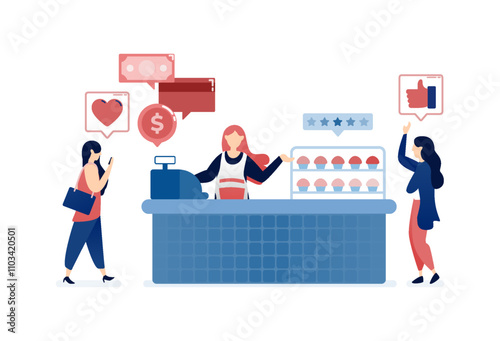 vector illustration of Entrepreneurial women running a retail pastry street stall, selling handmade pastries, desserts, and baked goods, showcasing small business success in food entrepreneurship