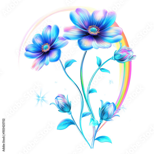 Colorful floral arrangement with blue flowers and rainbow on a transparent background.