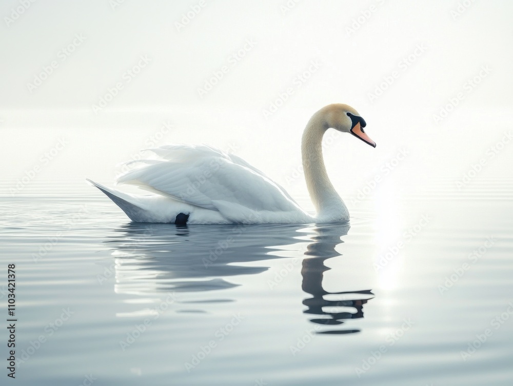 A swan's glide across tranquil waters in a stunning landscape A swan's glide across tranquil waters in a stunning landscape