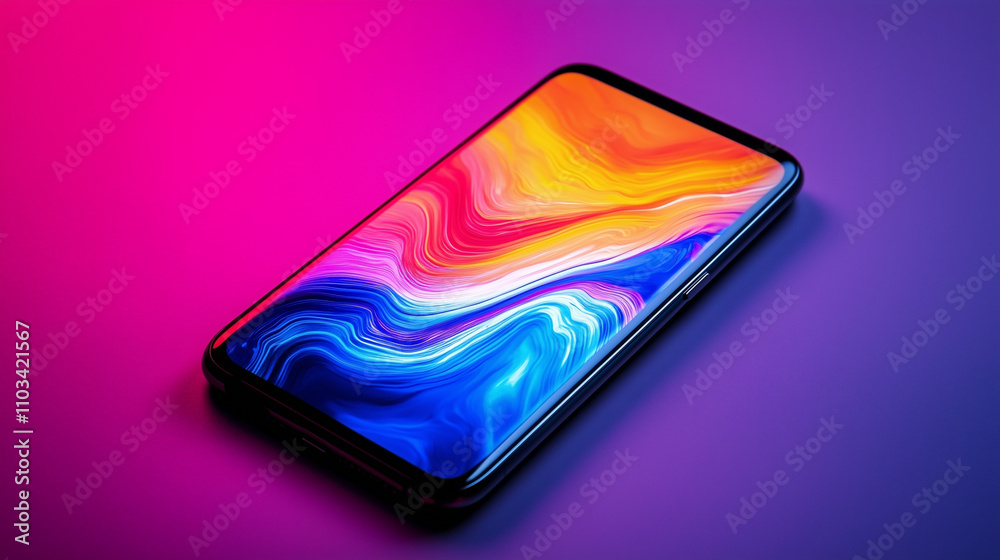 A modern smartphone in vibrant color themed background A modern smartphone in vibrant color themed background