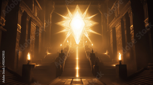 A symbolic representation of the three degrees of Freemasonry, featuring three staircases leading to a radiant light