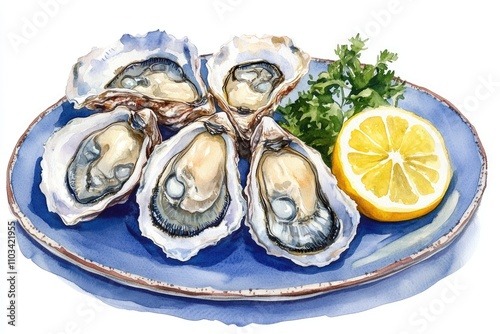 Fresh Oyster Delight. Watercolor Seafood Illustration on White Background photo