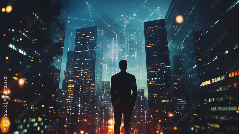 Abstract business man stands on the peak of success amid tall, innovative Smart city and graphs with statistics to analyze business potential and predict future developments in company growth. Abstract business man stands on the peak of success amid tall, innovative Smart city and graphs with statistics to analyze business potential and predict future developments in company growth.