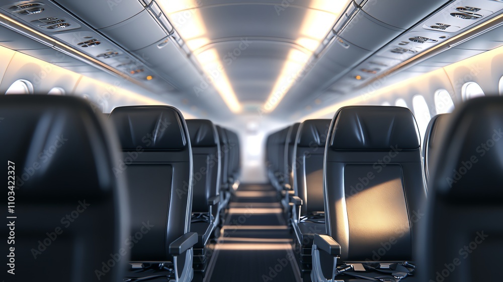 Fototapeta premium An empty airplane cabin with rows of black leather seats.