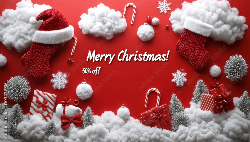 Merry Christmas is written on a red background with white clouds Merry Christmas is written on a red background with white clouds