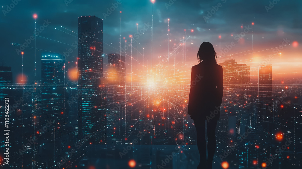 Abstract business woman stands on the peak of success amid tall, innovative Smart city and graphs with statistics to analyze business potential and predict future developments in company growth. Abstract business woman stands on the peak of success amid tall, innovative Smart city and graphs with statistics to analyze business potential and predict future developments in company growth.