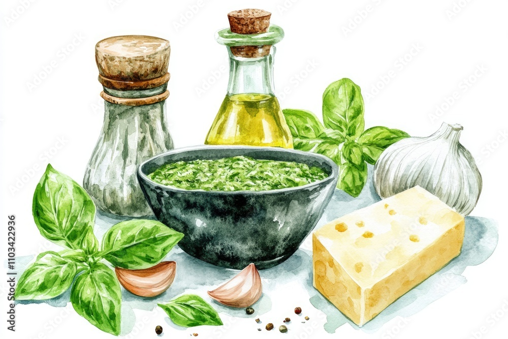 Rustic Pesto Sauce Ingredients in Watercolor Style. Fresh Basil, Garlic, Pine Nuts, and Parmesan Cheese on White Background Rustic Pesto Sauce Ingredients in Watercolor Style. Fresh Basil, Garlic, Pine Nuts, and Parmesan Cheese on White Background