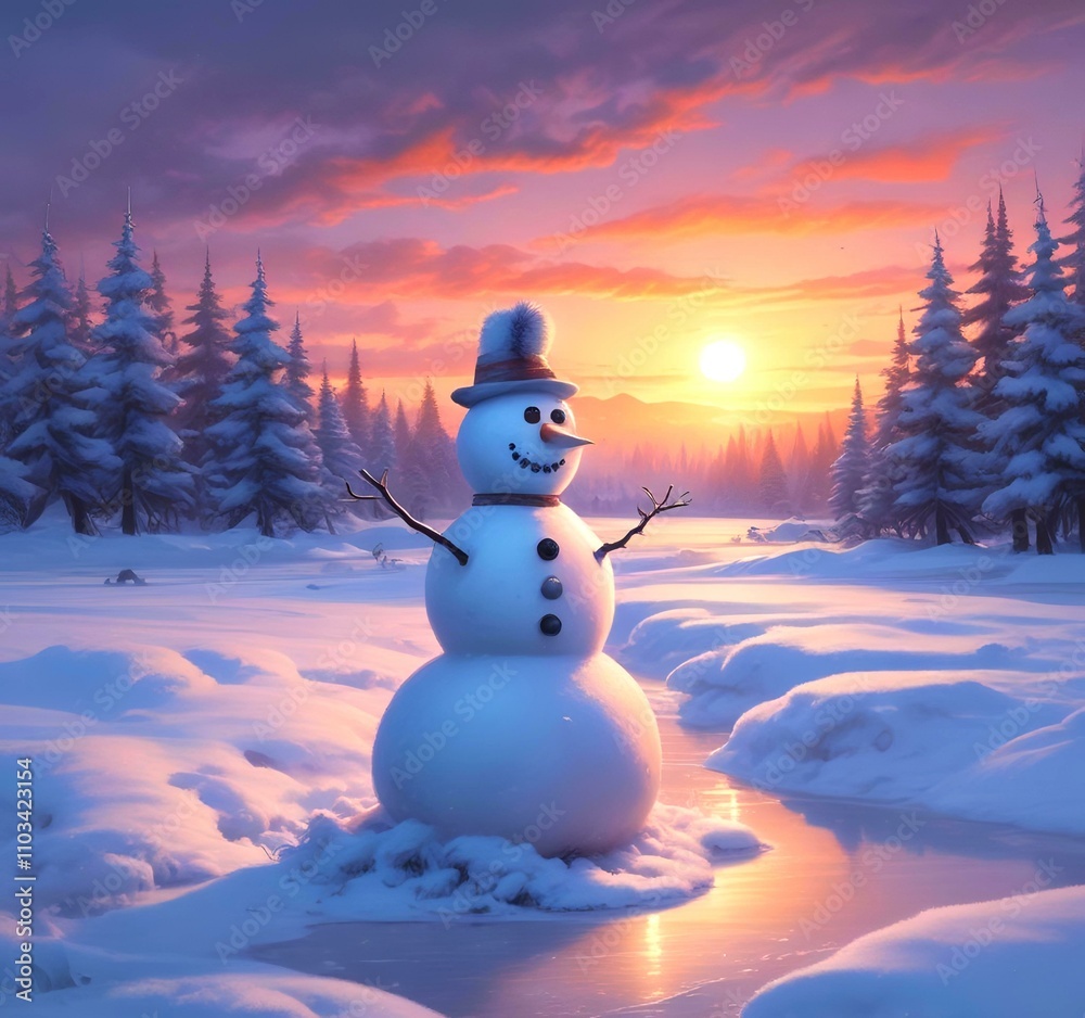 Fototapeta premium Illustration of winter landscape with funny snowoman.