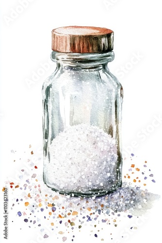 Sea Salt Shaker. Watercolor Illustration of Natural Ingredient for Cooking and Seasoning