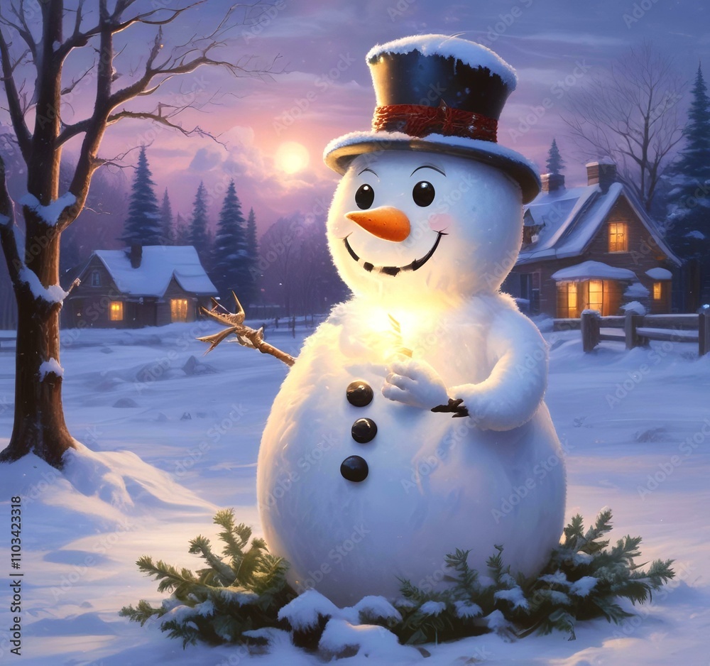 Fototapeta premium Illustration of winter landscape with funny snowoman.