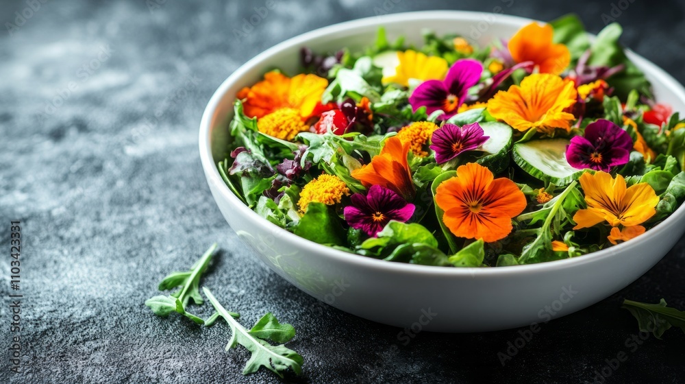 Edible flower salad in a minimalist bowl Edible flower salad in a minimalist bowl