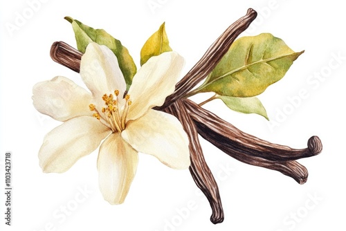 Vanilla Blossom: Watercolor Illustration of Yellow Orchid Flower and Pods on White Background