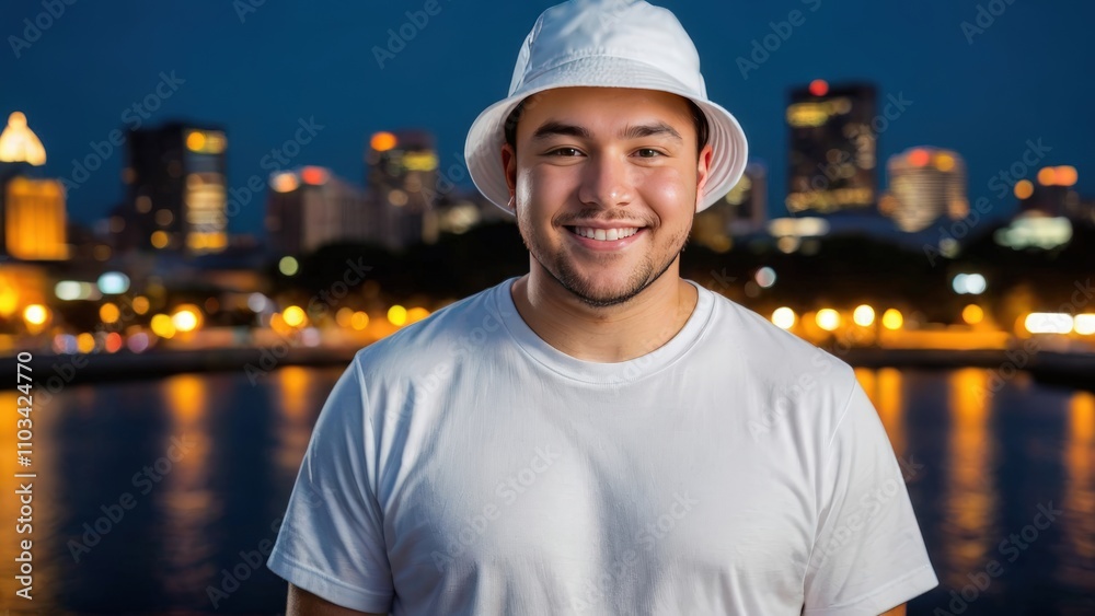 Plus size young man wearing white t-shirt and white bucket hat standing on cityscape at night background Plus size young man wearing white t-shirt and white bucket hat standing on cityscape at night background