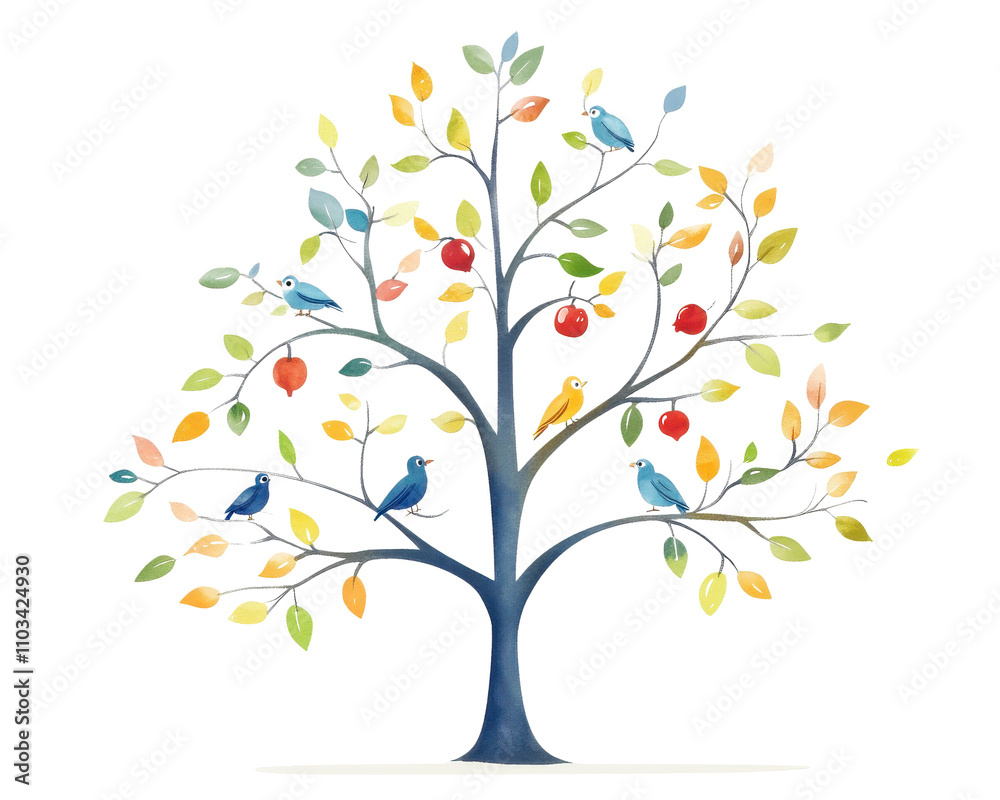 Fototapeta premium Colorful abstract tree with various leaves and fruits on a white background.