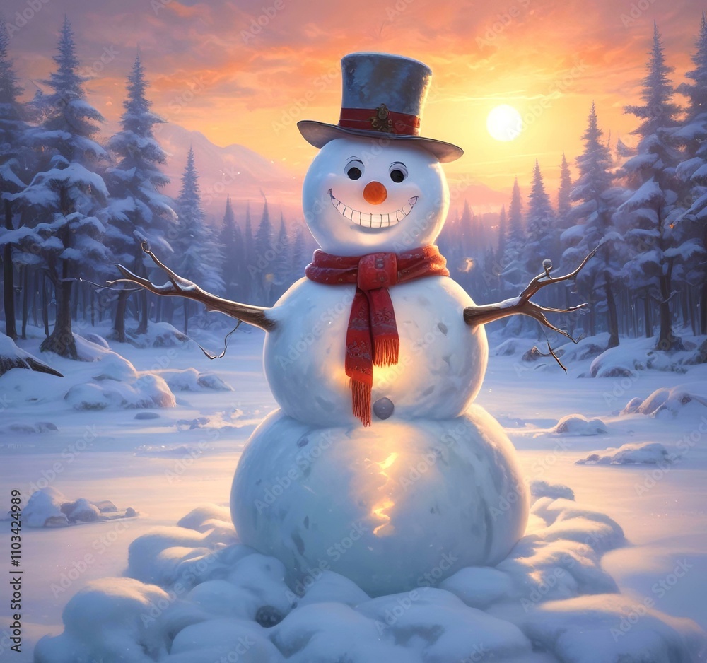 Fototapeta premium Illustration of winter landscape with funny snowoman.