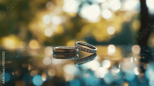Two wedding rings on a reflective surface, softly blurred.