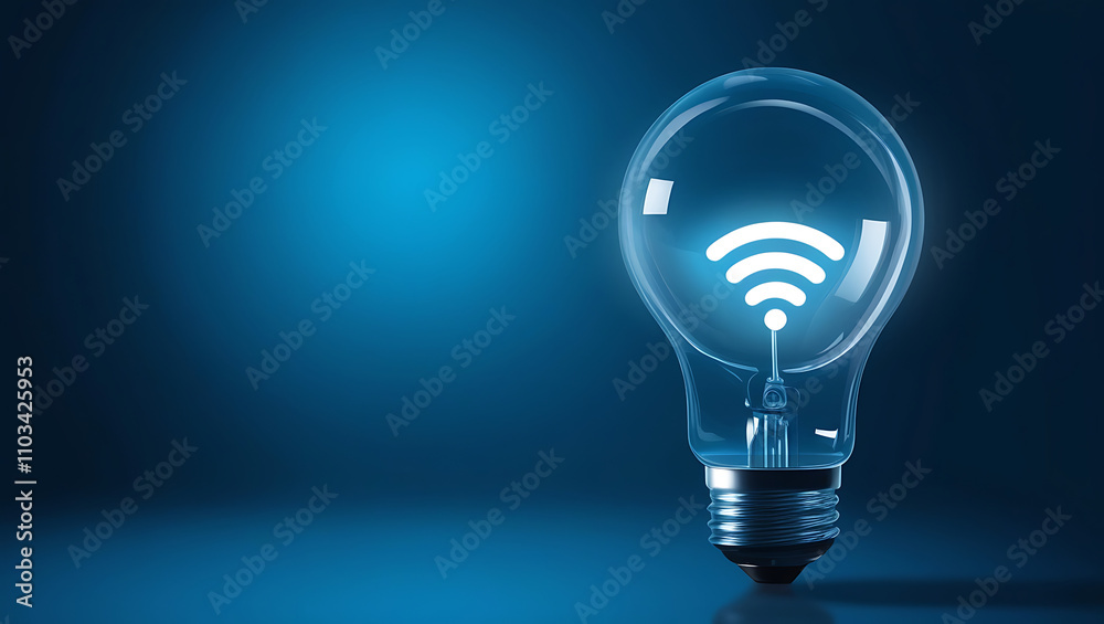 Light Bulb with Glowing Wi-Fi Symbol, Wi-Fi symbol, wireless technology, blue gradient background. Light bulb with wifi symbol is glowing on blue background Light Bulb with Glowing Wi-Fi Symbol, Wi-Fi symbol, wireless technology, blue gradient background. Light bulb with wifi symbol is glowing on blue background