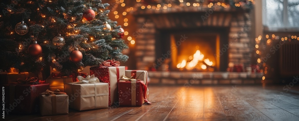 A Christmas tree with red ornaments and a fireplace in the background A Christmas tree with red ornaments and a fireplace in the background