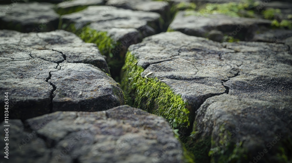 Close-up of Cracked Earth with Green Moss Growing in Cracks Close-up of Cracked Earth with Green Moss Growing in Cracks