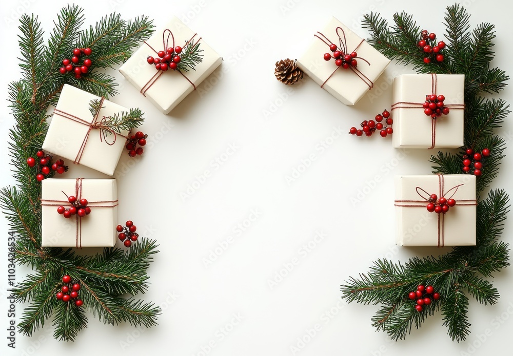 A white box with a red bow sits in the middle of a Christmas wreath A white box with a red bow sits in the middle of a Christmas wreath