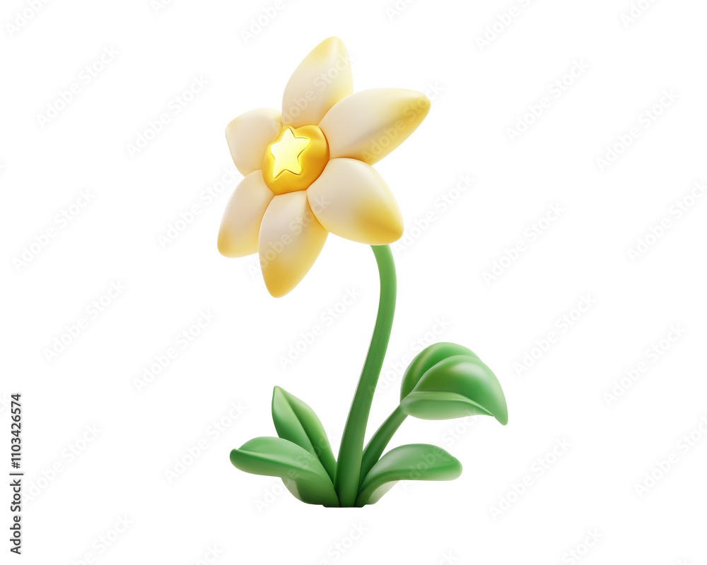 Fototapeta premium Beautiful cartoon flower with green leaves, perfect for decorative purposes.