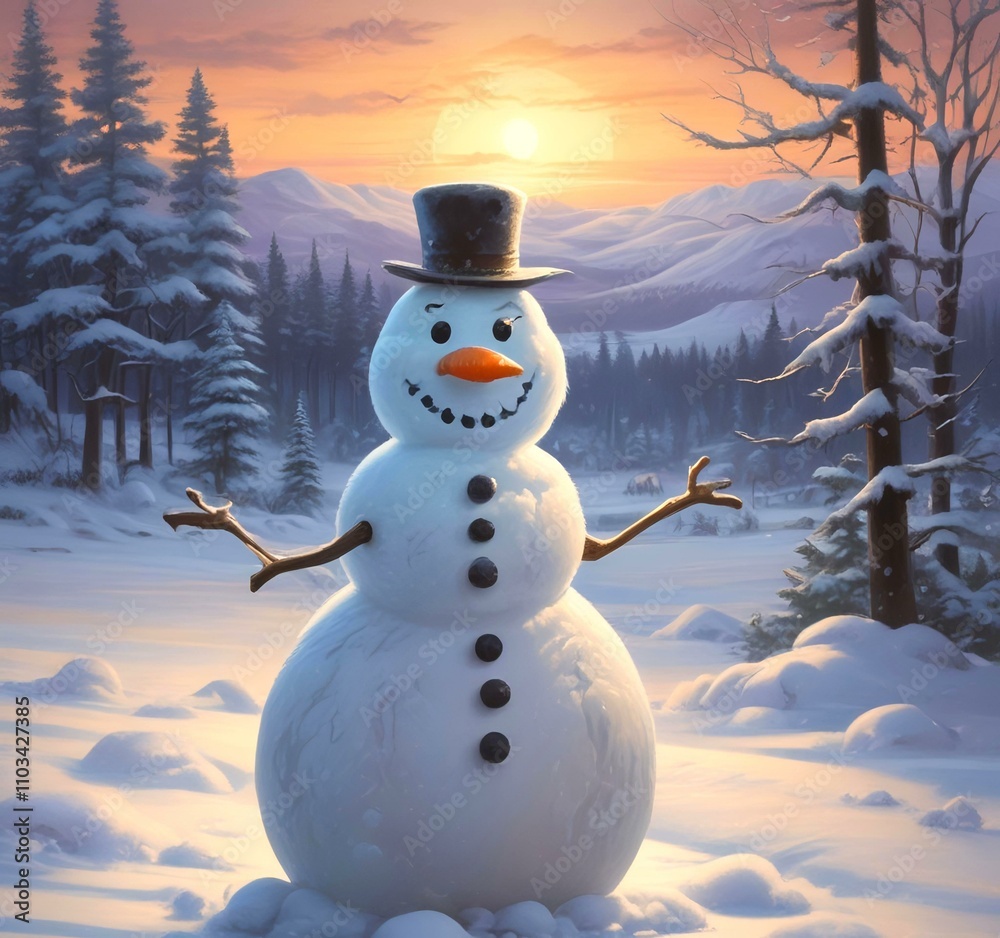Fototapeta premium Illustration of winter landscape with funny snowoman.