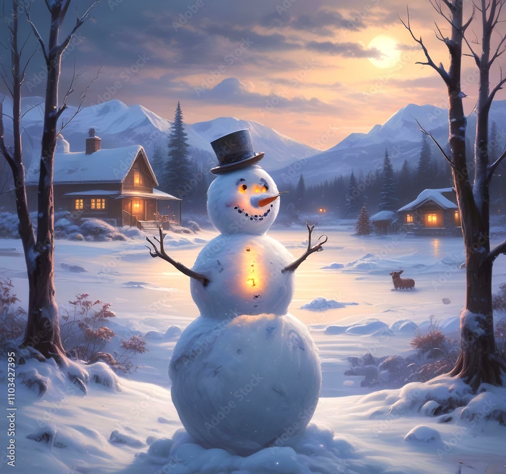 Fototapeta premium Illustration of winter landscape with funny snowoman.