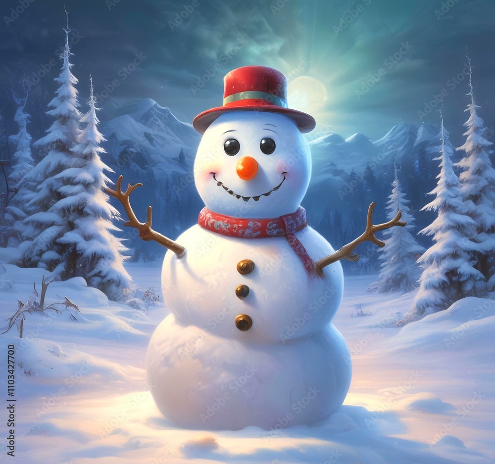 Obraz premium Illustration of winter landscape with funny snowoman.