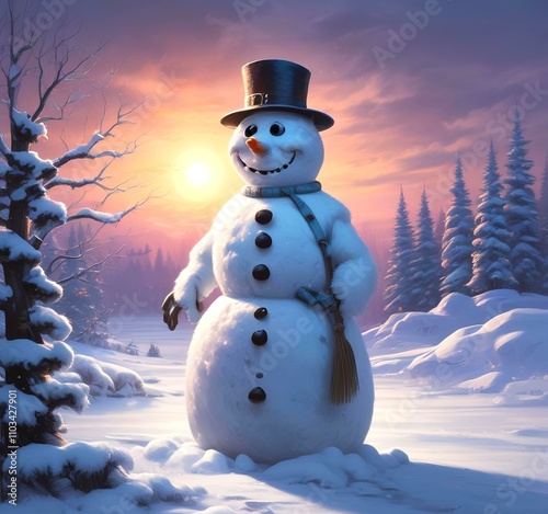 Illustration of winter landscape with funny snowoman. photo