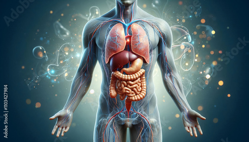 An artistic cutaway view of the human abdomen, illustrating the placement of the liver, kidneys, and intestines with an emphasis on realistic textures for medical studies.