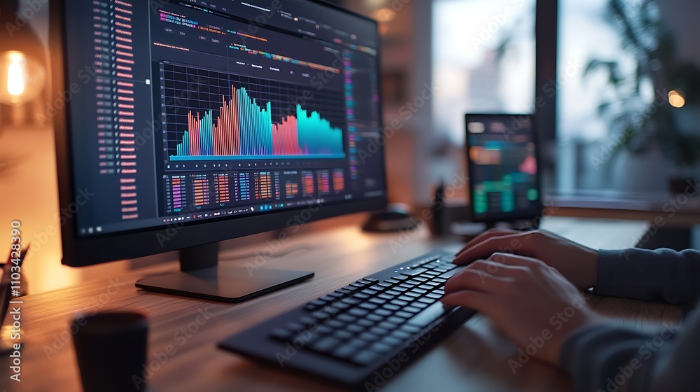 Hands typing shortcut keys on a mechanical keyboard, a vibrant spreadsheet formula with bold highlights visible on a widescreen monitor,