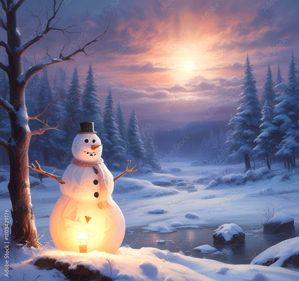 Obraz premium Illustration of winter landscape with funny snowoman.