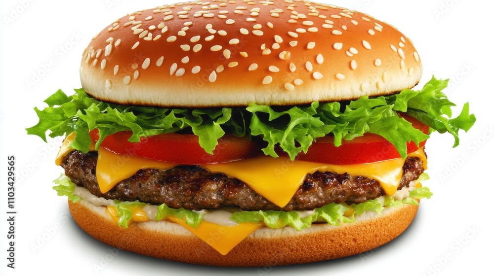 Delicious Hamburger with Fresh Ingredients on a White Background Featuring Lettuce, Tomato, Cheese, and a Perfectly Grilled Patty in a Toasted Sesame Seed Bun Delicious Hamburger with Fresh Ingredients on a White Background Featuring Lettuce, Tomato, Cheese, and a Perfectly Grilled Patty in a Toasted Sesame Seed Bun