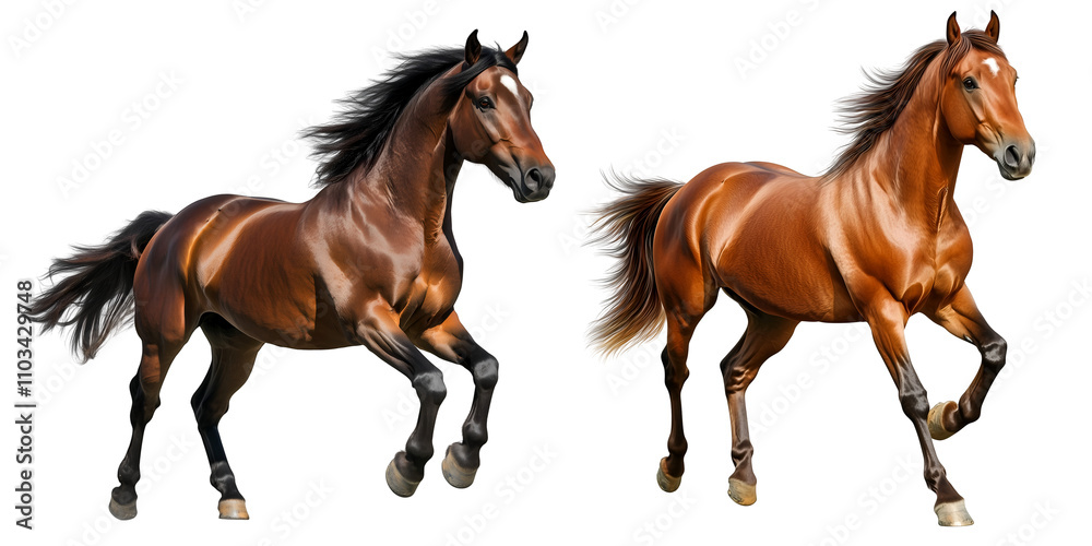Obraz premium Pair of Galloping Chestnut Horses with Shiny Coats in Dynamic Motion, cutout, isolated on white background